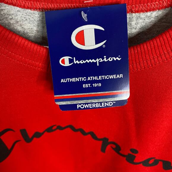Champion Powerblend Fleece Crew Neck Sweatshirt Red Scrip Logo Men Medium NWT - Picture 7 of 7